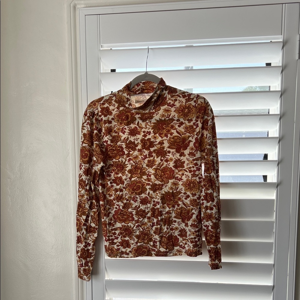 Ghanda (Australian Brand) Floral Mock Neck Long Sleeve Top - Brown & Cream